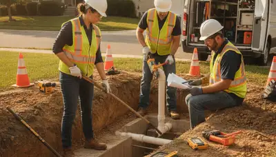 Dallas, TX plumber repairing septic system for homeowners with slow drains and yard odors