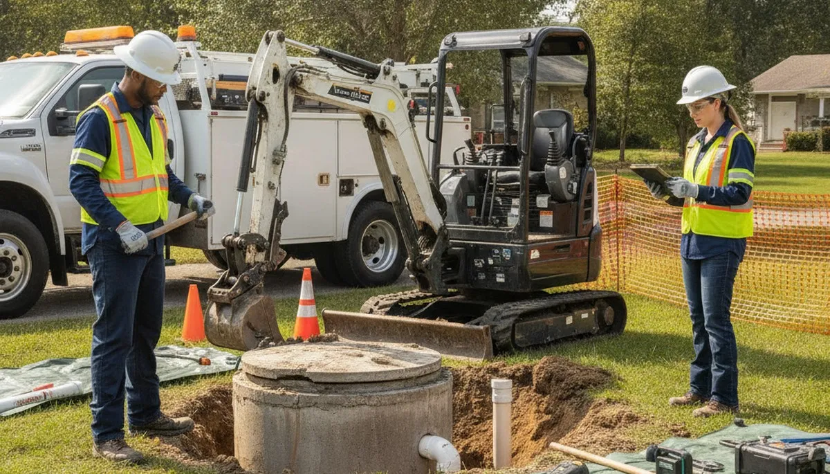 Dallas, TX plumbers repairing a septic system for a homeowner on a service call