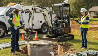 Dallas, TX plumbers repairing a septic system for a homeowner on a service call