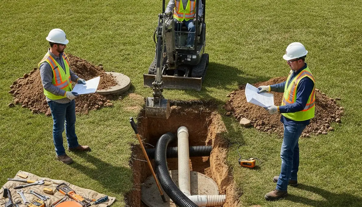 Dallas TX septic repair plumber inspecting septic system for homeowners with slow drains and yard odors