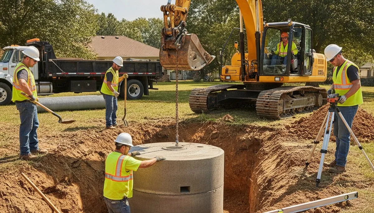 Dallas, TX septic tank installation by plumbers for new residential plumbing system setup