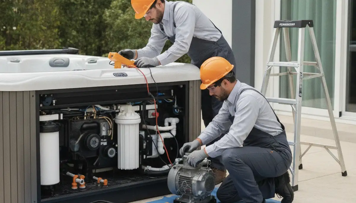 Spa repair technician servicing a Dallas, TX home spa for reliable plumbing maintenance